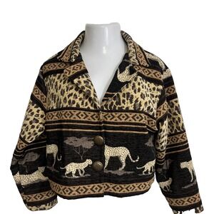 Paco Soler Tapestry Jacket USA VTG Size M Leopard Boho Cropped Safari Animal